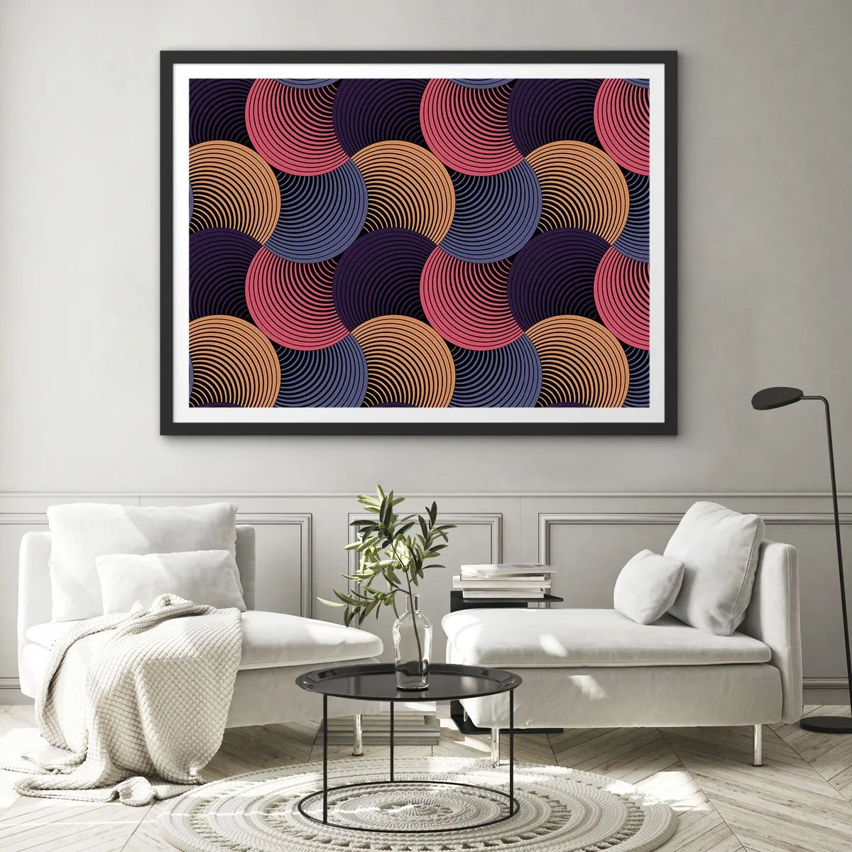 Poster in einem schwarzem Rahmen - Geometrische Kreise in Rosa-, Lila- und Goldtönen - 100x70cm - Im kreisenden Rhythmus - Moderne Wanddekoration für Wohnzimmer und Schlafzimmer ARTTOR
