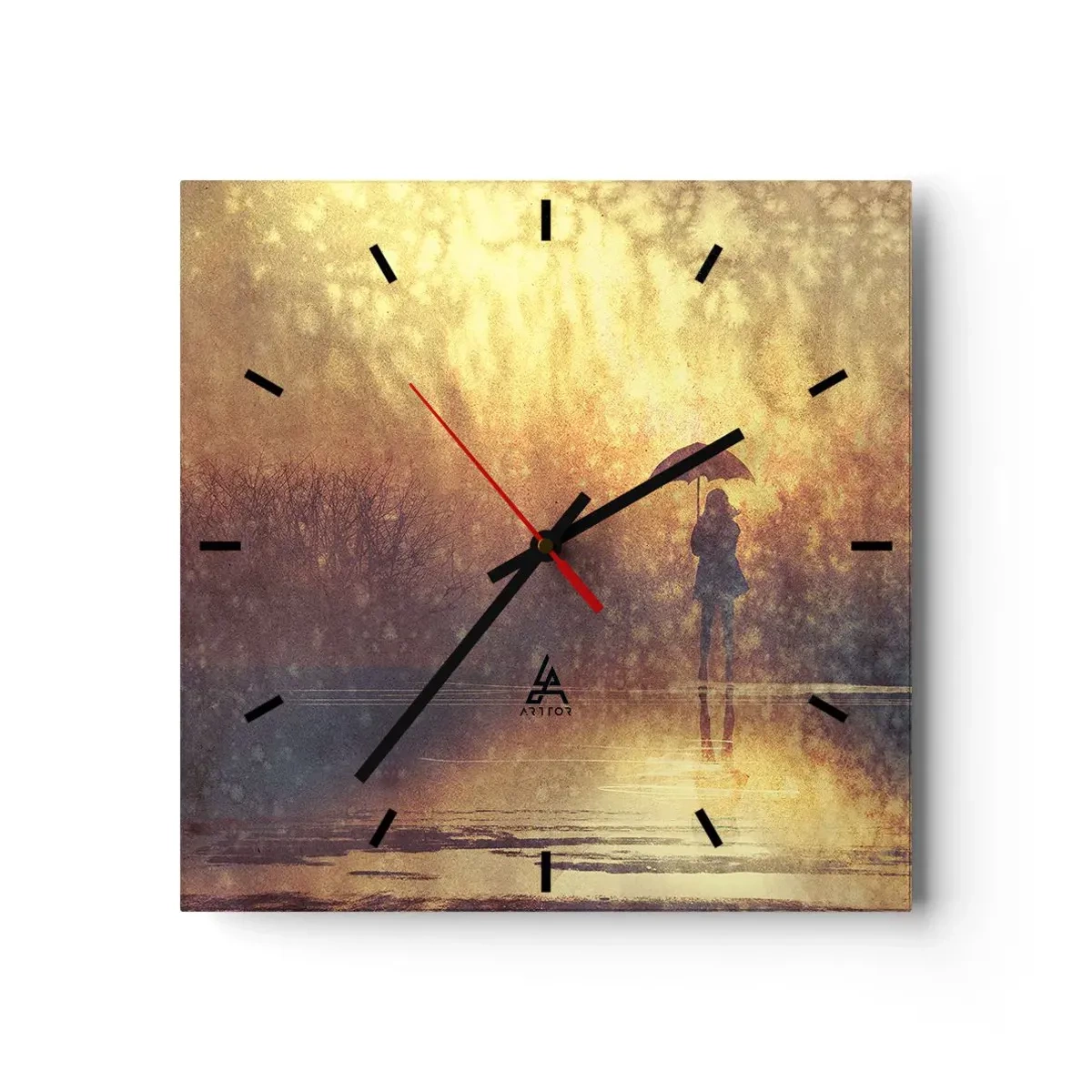 Wanduhr - Glasuhr - Eine Figur mit einem Regenschirm in einer nebligen Landschaft voller Reflexionen - 30x30cm - Ich habe das Gefühl, dass mich jemand ansieht - Moderne Wanddekoration für Wohnzimmer und Schlafzimmer ARTTOR