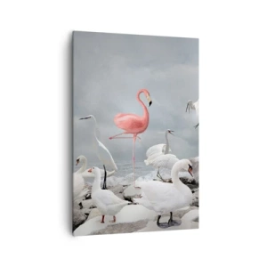 Bild auf Leinwand - Leinwandbild - Ein rosa Flamingo zwischen weißen Schwänen vor der Kulisse eines Sees - 70x100cm - Wie kam ich hier hin? - Moderne Wanddekoration für Wohnzimmer und Schlafzimmer ARTTOR