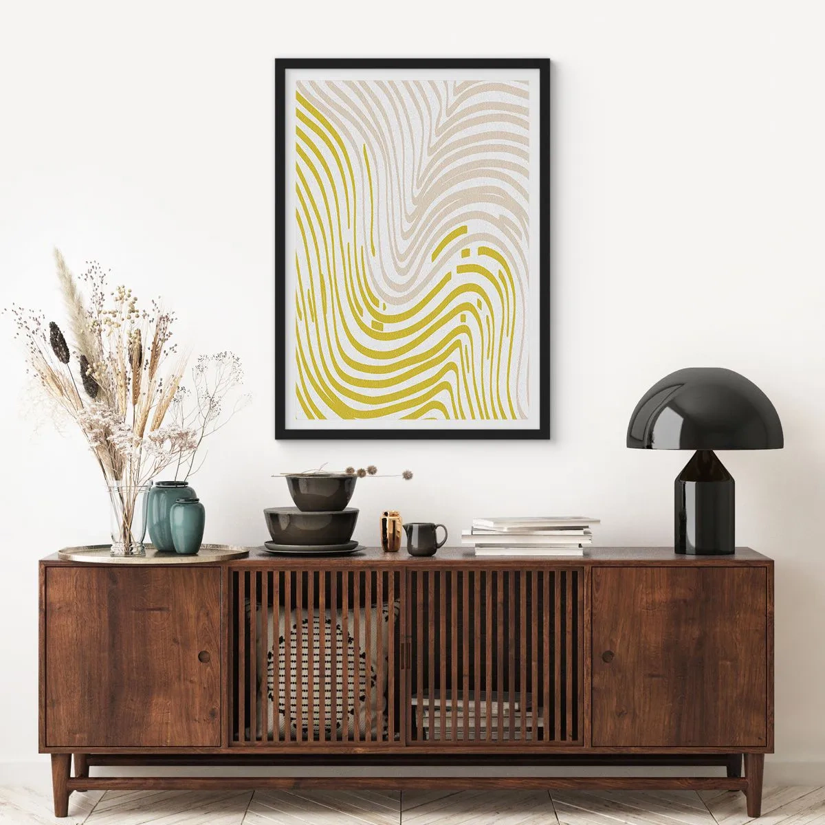 Poster in einem schwarzem Rahmen - Eine abstrakte Komposition aus Wellenlinien in Beige- und Gelbtönen. - 50x70cm - Komposition mit sanfter Biegung - Moderne Wanddekoration für Wohnzimmer und Schlafzimmer ARTTOR