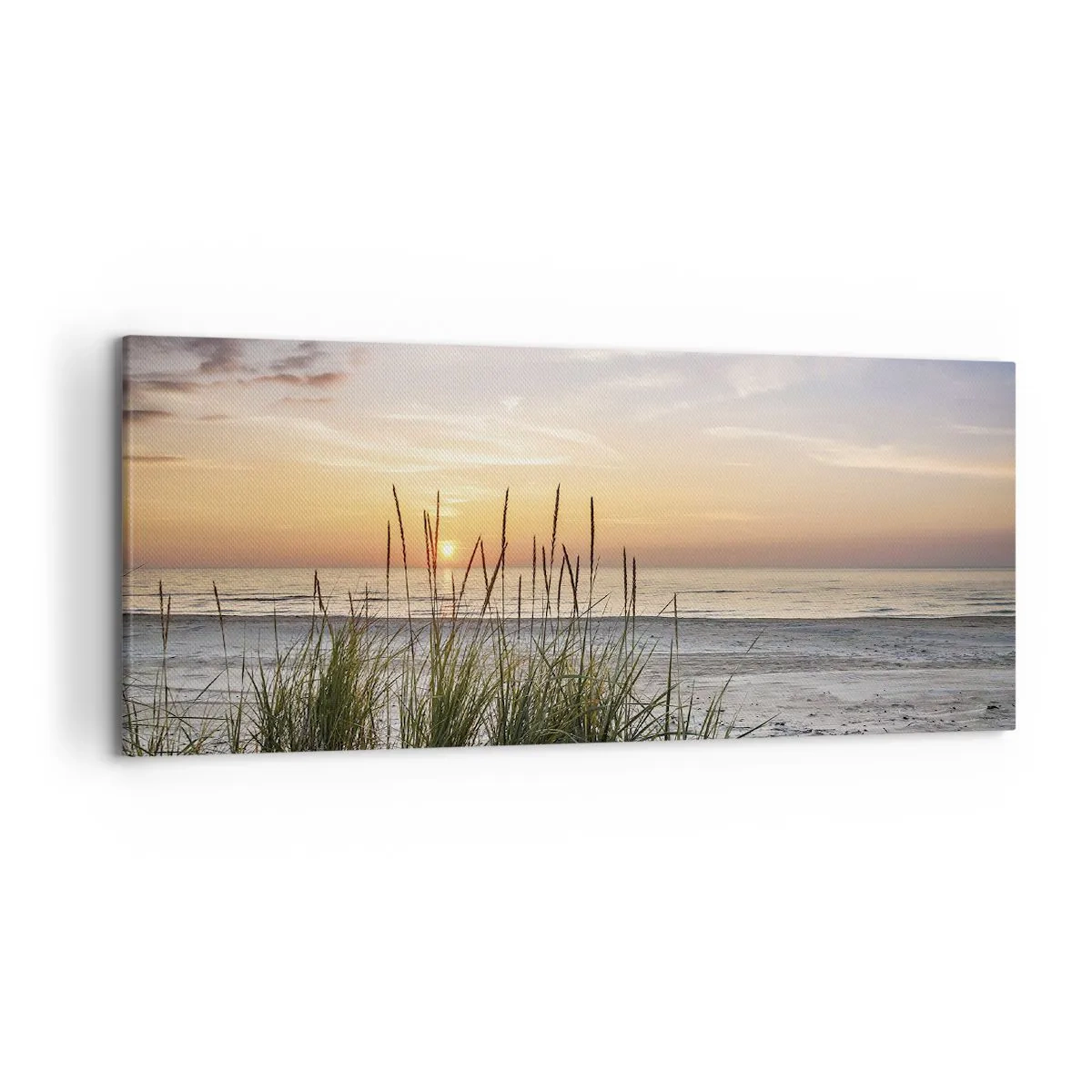 Bild auf Leinwand - Leinwandbild - Ein Sandstrand bei Sonnenuntergang mit Gras im Hintergrund - 120x50cm - Schau, denk, fühl - Moderne Wanddekoration für Wohnzimmer und Schlafzimmer ARTTOR