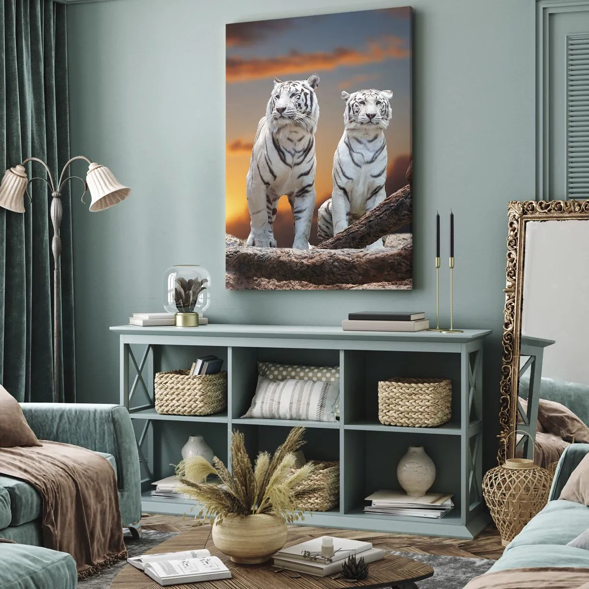 Bild auf Leinwand - Leinwandbild - Weiße Tiger in der untergehenden Sonne vor der Kulisse der Natur - 80x120cm - Genau wie Narnia - Moderne Wanddekoration für Wohnzimmer und Schlafzimmer ARTTOR