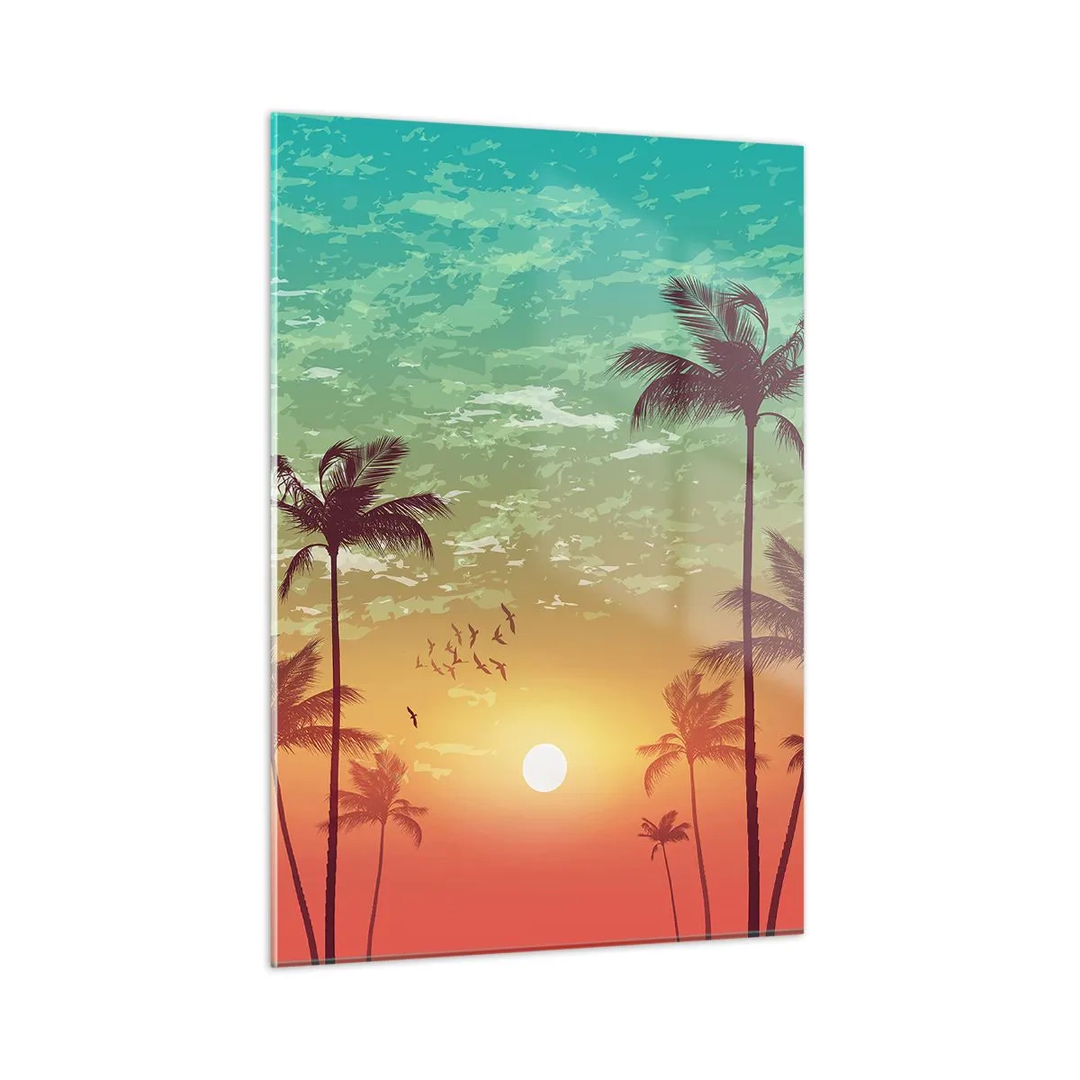 Glasbild - Bild auf glas - Illustration von Palmen bei Sonnenuntergang - 50x70cm - Tropische Stimmung - Moderne Wanddekoration für Wohnzimmer und Schlafzimmer ARTTOR