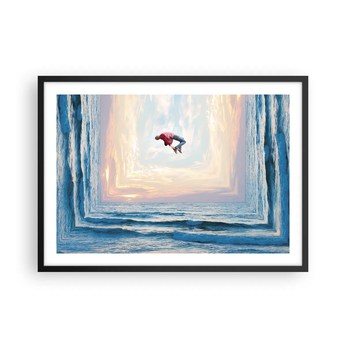 Poster in einem schwarzem Rahmen - Surrealer Sprung über das Meer im Rahmen - 70x50cm - In eine andere Dimension - Moderne Wanddekoration für Wohnzimmer und Schlafzimmer ARTTOR