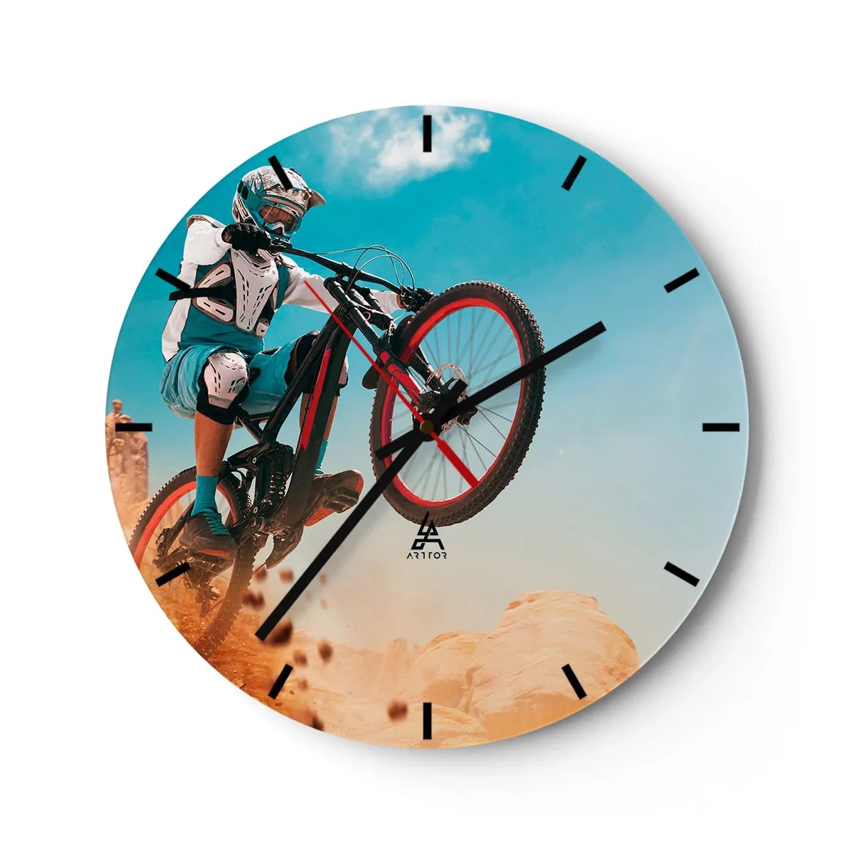Wanduhr - Glasuhr - Ein Mountainbike-Fahrer macht einen Sprung - 30x30cm - Fahrrad-Wahnsinn-Dämon - Moderne Wanddekoration für Wohnzimmer, Küche und Schlafzimmer ARTTOR