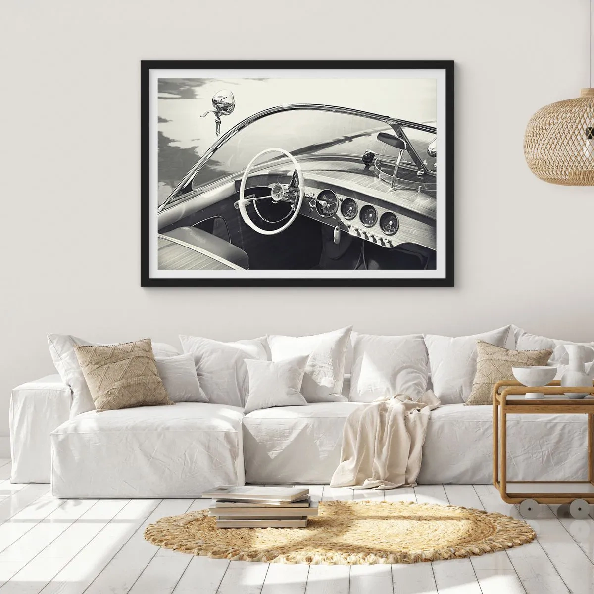 Poster in einem schwarzem Rahmen - Oldtimer-Innenraum im monochromen Stil - 100x70cm - Wetter für die Reichen - Moderne Wanddekoration für Wohnzimmer und Schlafzimmer ARTTOR