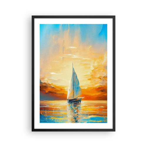 Poster in einem schwarzem Rahmen - Ein Segelboot vor der Kulisse eines goldenen Sonnenuntergangs - 50x70cm - In Gold segeln - Moderne Wanddekoration für Wohnzimmer und Schlafzimmer ARTTOR