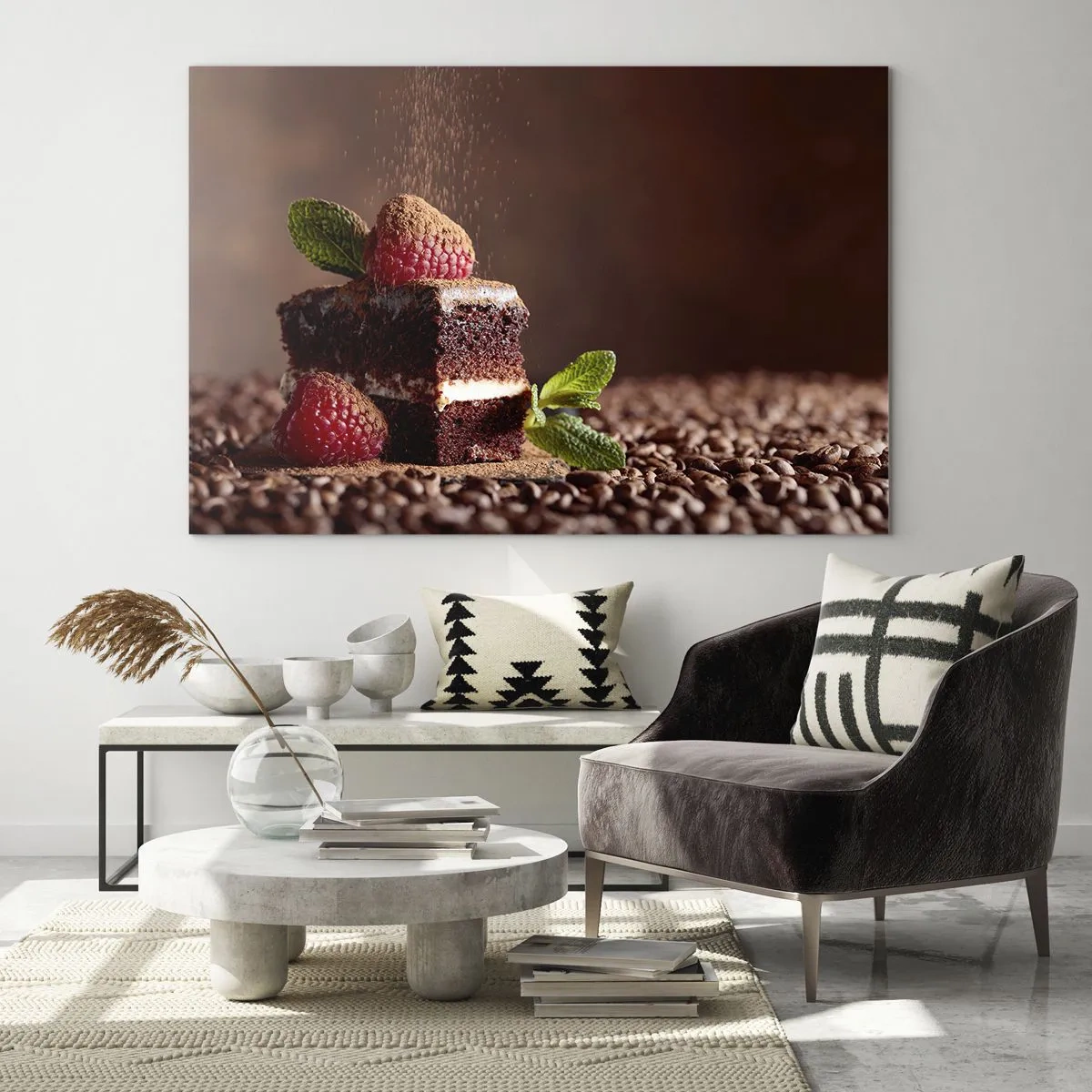 Glasbild - Bild auf glas - Schokoladendessert mit Himbeeren und Minzblättern - 70x50cm - Das Leben ist süß - Moderne Wanddekoration für Wohnzimmer und Schlafzimmer ARTTOR