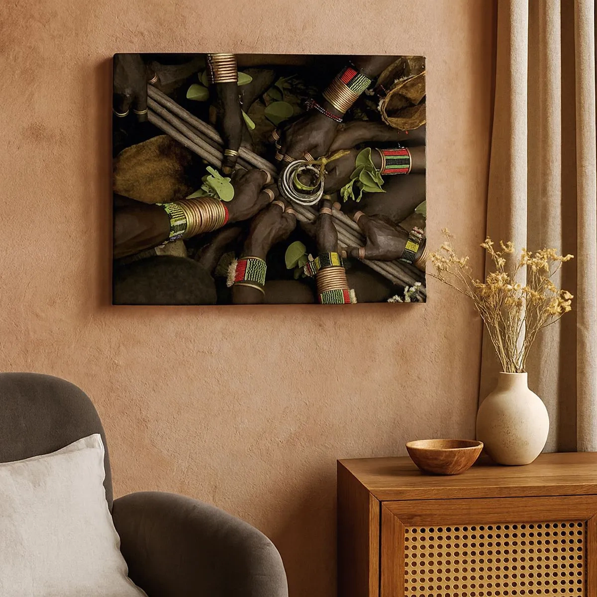 Bild auf Leinwand - Leinwandbild - Traditionelle Handarmbänder in einer Gruppe von Händen - 70x50cm - Wir sind zusammen - Moderne Wanddekoration für Wohnzimmer und Schlafzimmer ARTTOR