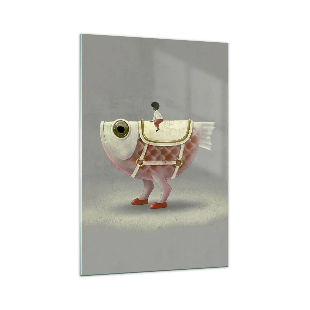 Glasbild - Bild auf glas - Ein schicker Fischreiter mit Beinen und Sattel - 70x100cm - Reiter auf einem surrealen Fisch - Moderne Wanddekoration für Wohnzimmer und Schlafzimmer ARTTOR