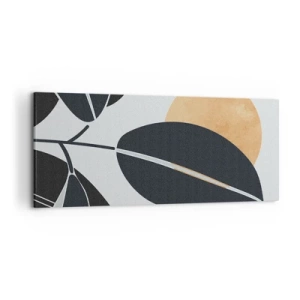 Bild auf Leinwand - Leinwandbild - Ein minimalistisches Blattmotiv mit einer strahlenden Sonne im Hintergrund. - 120x50cm - Heißer Sommertag - Moderne Wanddekoration für Wohnzimmer und Schlafzimmer ARTTOR