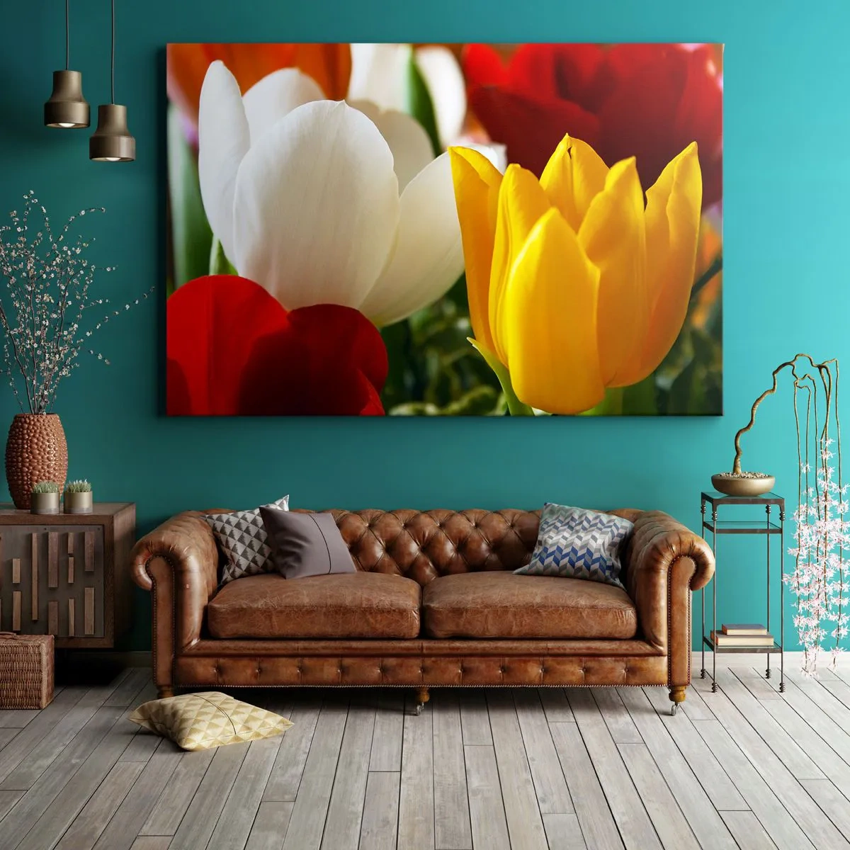 Bild auf Leinwand - Leinwandbild - Nahaufnahme von bunten Tulpen vor einem Frühlingshintergrund - 70x50cm - Tulpenfieber - Moderne Wanddekoration für Wohnzimmer und Schlafzimmer ARTTOR