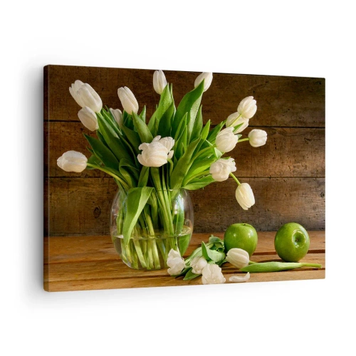 Bild auf Leinwand - Leinwandbild - Ein Strauß weißer Tulpen in einer Glasvase mit grünen Äpfeln - 70x50cm - Saftig und frisch in Grün und Weiß - Moderne Wanddekoration für Wohnzimmer und Schlafzimmer ARTTOR