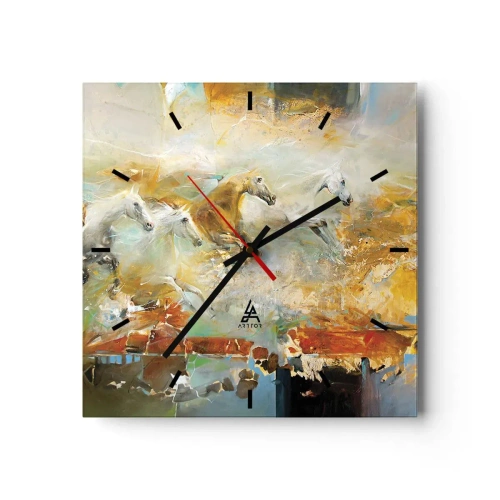 Wanduhr - Glasuhr - Künstlerische Pferde in einer dynamischen, farbenfrohen Umgebung - 30x30cm - Im Galopp durch das Licht - Moderne Wanddekoration für Wohnzimmer und Schlafzimmer ARTTOR