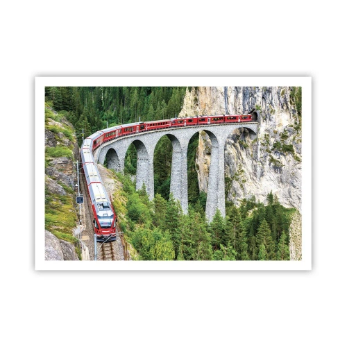 Poster - Ein Zug auf einem malerischen Viadukt in einer Berglandschaft - 100x70cm - Eisenbahn für Bergblick - Moderne Wanddekoration für Wohnzimmer und Schlafzimmer ARTTOR