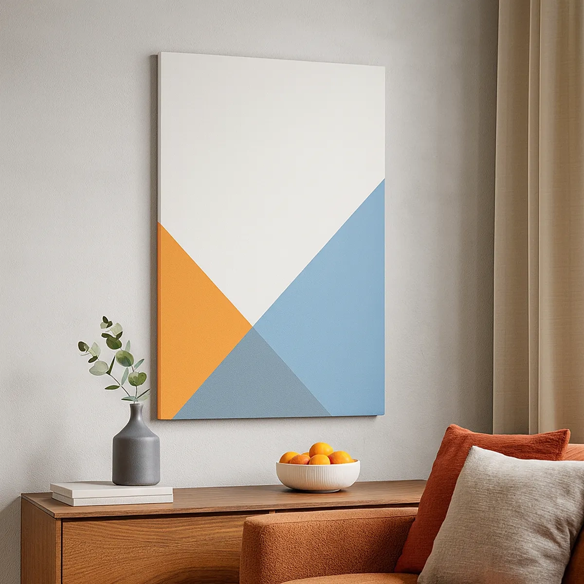 Bild auf Leinwand - Leinwandbild - Geometrische Dreiecke in Blau- und Orangetönen - 50x70cm - In einem Winkel… - Moderne Wanddekoration für Wohnzimmer und Schlafzimmer ARTTOR