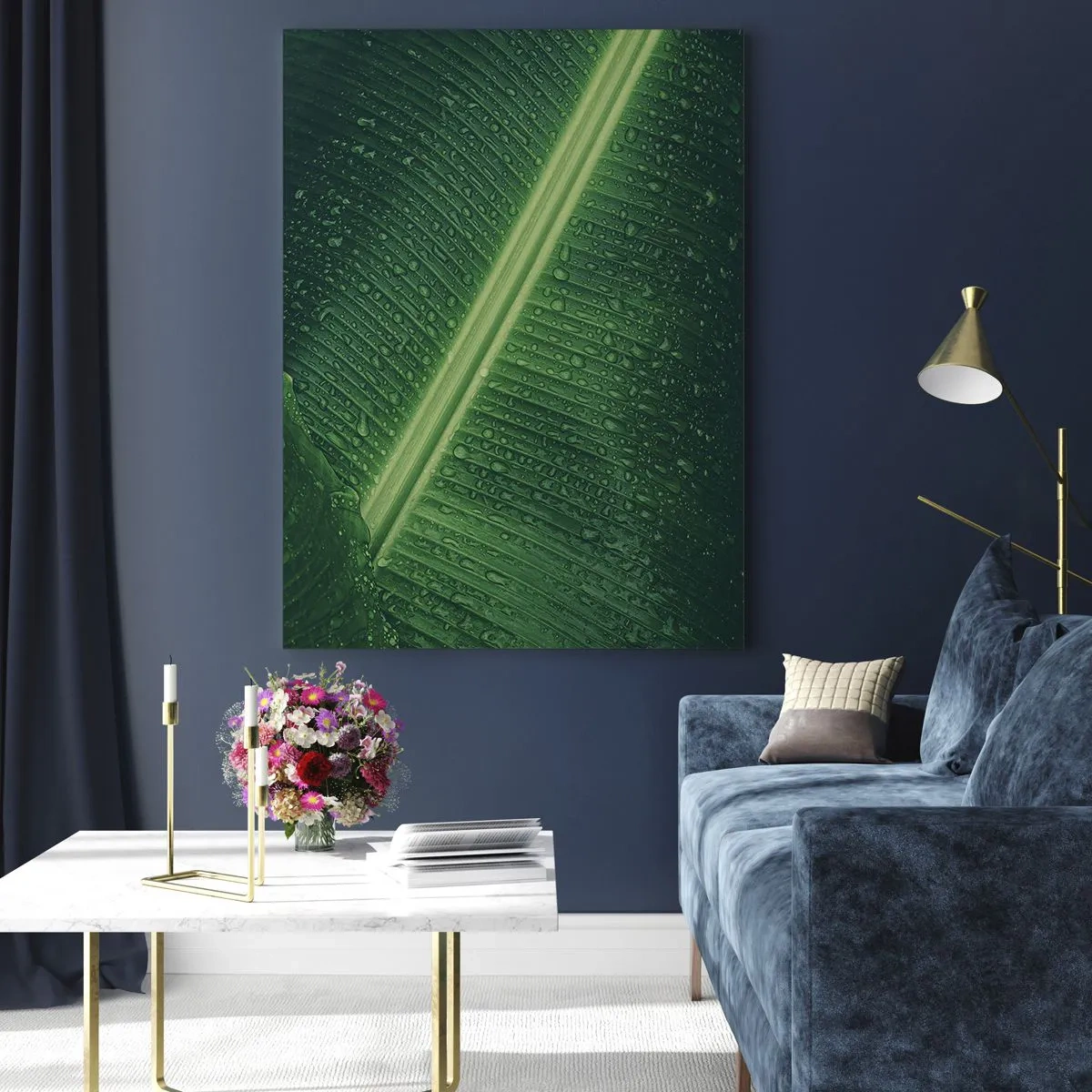Glasbild - Bild auf glas - Nahaufnahme eines grünen Blattes mit Wassertropfen - 50x70cm - Die Struktur des Grüns - Moderne Wanddekoration für Wohnzimmer und Schlafzimmer ARTTOR