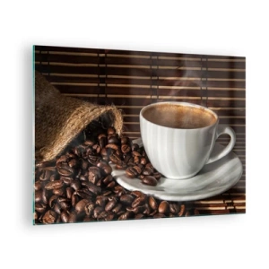 Glasbild - Bild auf glas - Eine Tasse Kaffee mit Bohnen auf rustikalem Hintergrund - 70x50cm - Die Schwärze von Kohle, die Klarheit von Bernstein - Moderne Wanddekoration für Wohnzimmer und Schlafzimmer ARTTOR