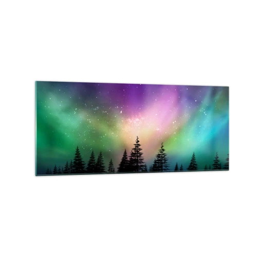 Glasbild - Bild auf glas - Aurora Borealis über einem Wald mit Sternenhimmel - 120x50cm - weiße Magie - Moderne Wanddekoration für Wohnzimmer und Schlafzimmer ARTTOR