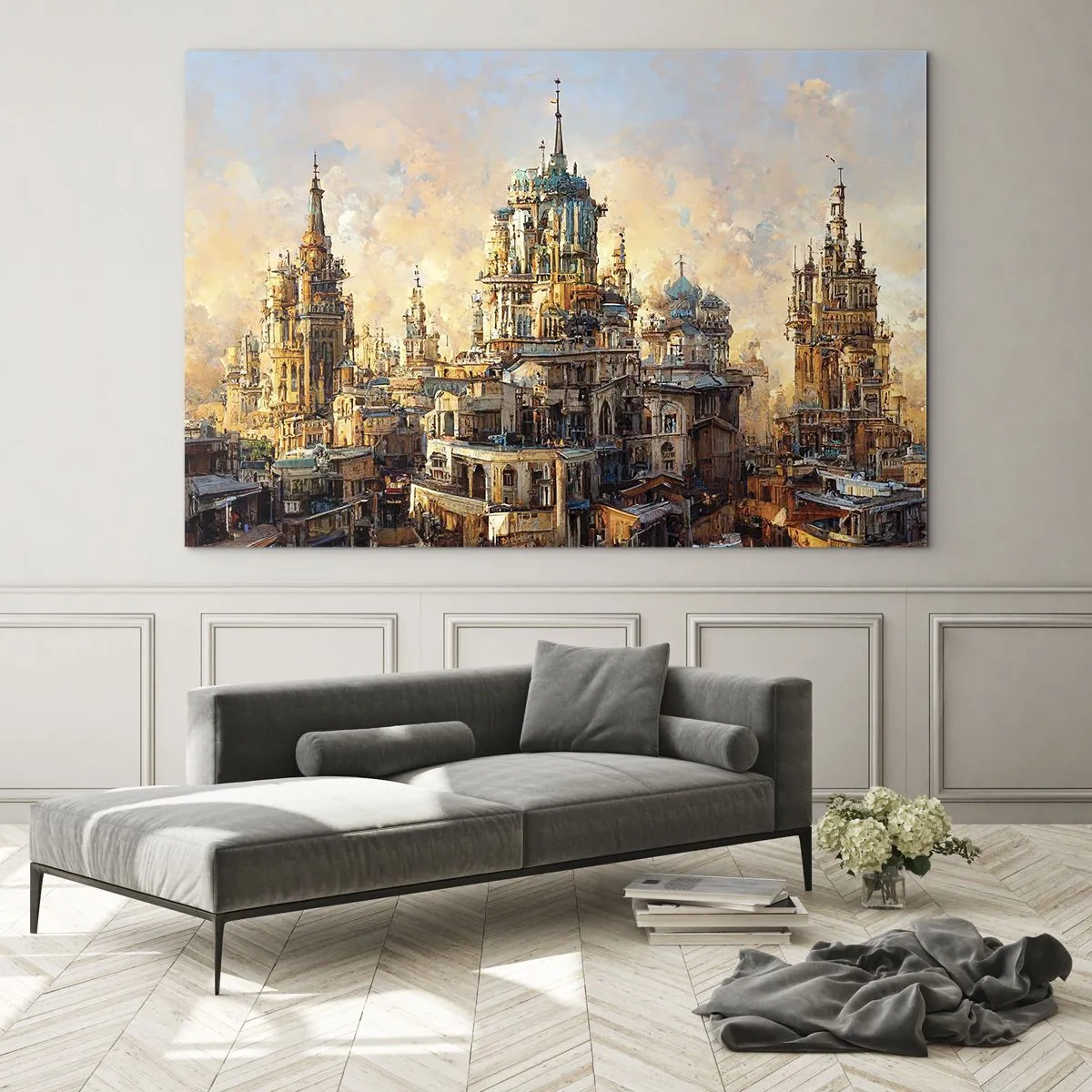 Glasbild - Bild auf glas - Ein fantastisches Panorama der Stadt mit Türmen und Palästen - 70x50cm - Stadt der Städte - Moderne Wanddekoration für Wohnzimmer und Schlafzimmer ARTTOR