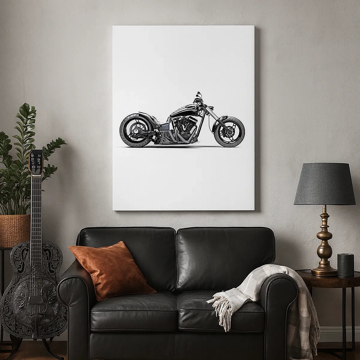 Bild auf Leinwand - Leinwandbild - Stilvolles schwarzes Custom-Motorrad auf weißem Hintergrund - 50x70cm - Für alle, die die Freiheit lieben - Moderne Wanddekoration für Wohnzimmer und Schlafzimmer ARTTOR