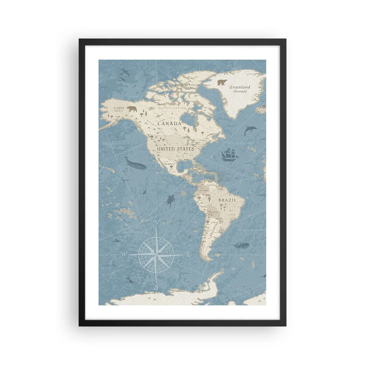 Poster in einem schwarzem Rahmen - Stilisierte Karte von Nord- und Südamerika - 50x70cm - Die Welt liegt zum Greifen nah - Moderne Wanddekoration für Wohnzimmer und Schlafzimmer ARTTOR
