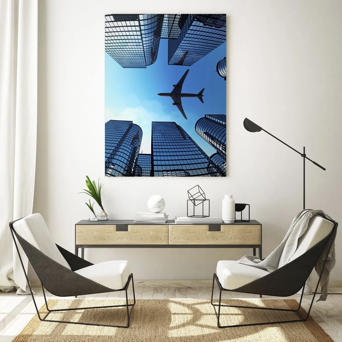 Glasbild - Bild auf glas - Blick auf das Flugzeug zwischen Wolkenkratzern - 50x70cm - Der Blick aus der Glasschlucht - Moderne Wanddekoration für Wohnzimmer und Schlafzimmer ARTTOR