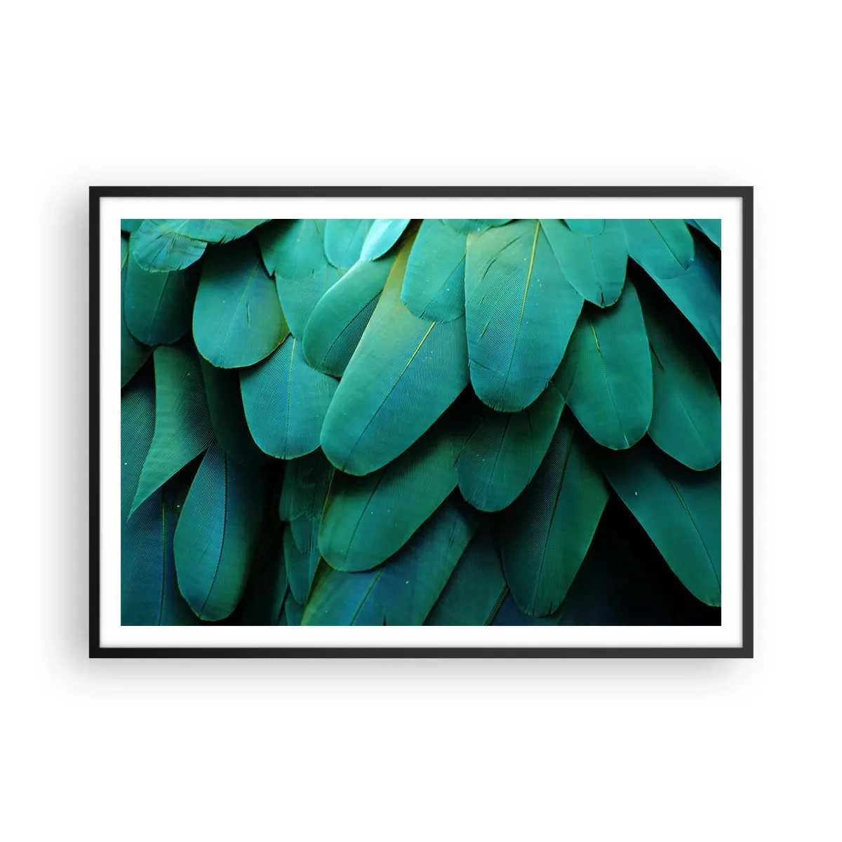 Poster in einem schwarzem Rahmen - Federdetails in Grüntönen - 100x70cm - Papageienartige Präzision - Moderne Wanddekoration für Wohnzimmer und Schlafzimmer ARTTOR
