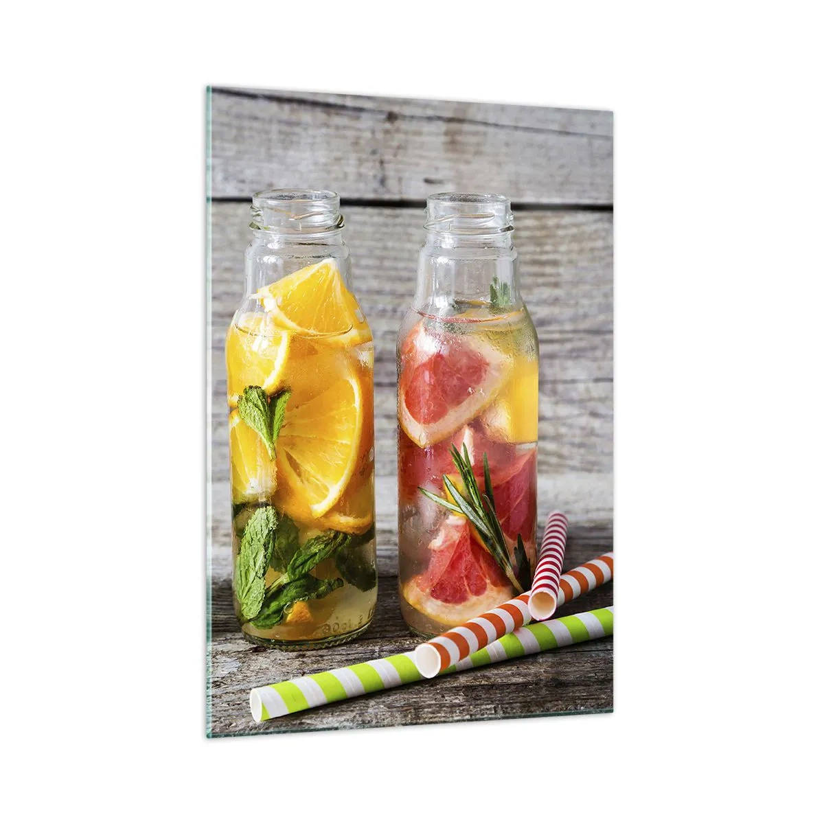 Glasbild - Bild auf glas - Flaschen mit Fruchtwasser und Kräutern auf einem hölzernen Hintergrund - 50x70cm - Von Natur aus gesund - Moderne Wanddekoration für Wohnzimmer und Schlafzimmer ARTTOR