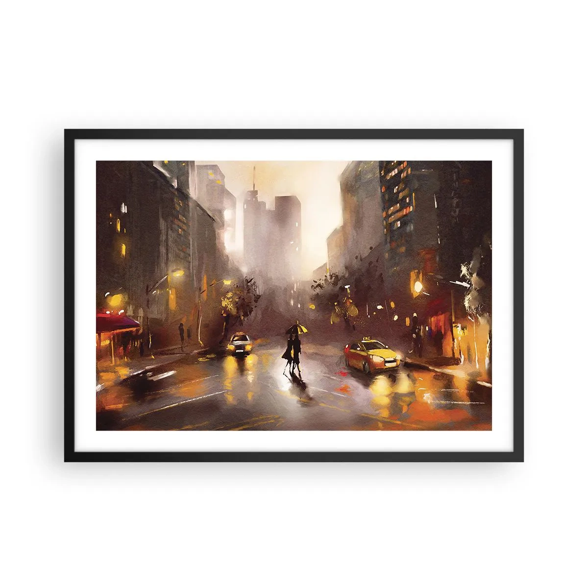 Poster in einem schwarzem Rahmen - Eine nächtliche Stadtszene im Licht der Straßenlaternen und Spiegelungen auf einer nassen Straße. - 70x50cm - Im Licht von New York - Moderne Wanddekoration für Wohnzimmer und Schlafzimmer ARTTOR