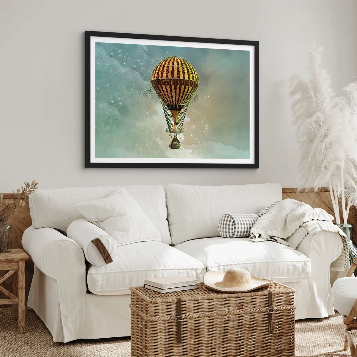 Poster in einem schwarzem Rahmen - Ein Heißluftballon, der zwischen den Wolken schwebt - 70x50cm - Pionierflüge - Moderne Wanddekoration für Wohnzimmer und Schlafzimmer ARTTOR