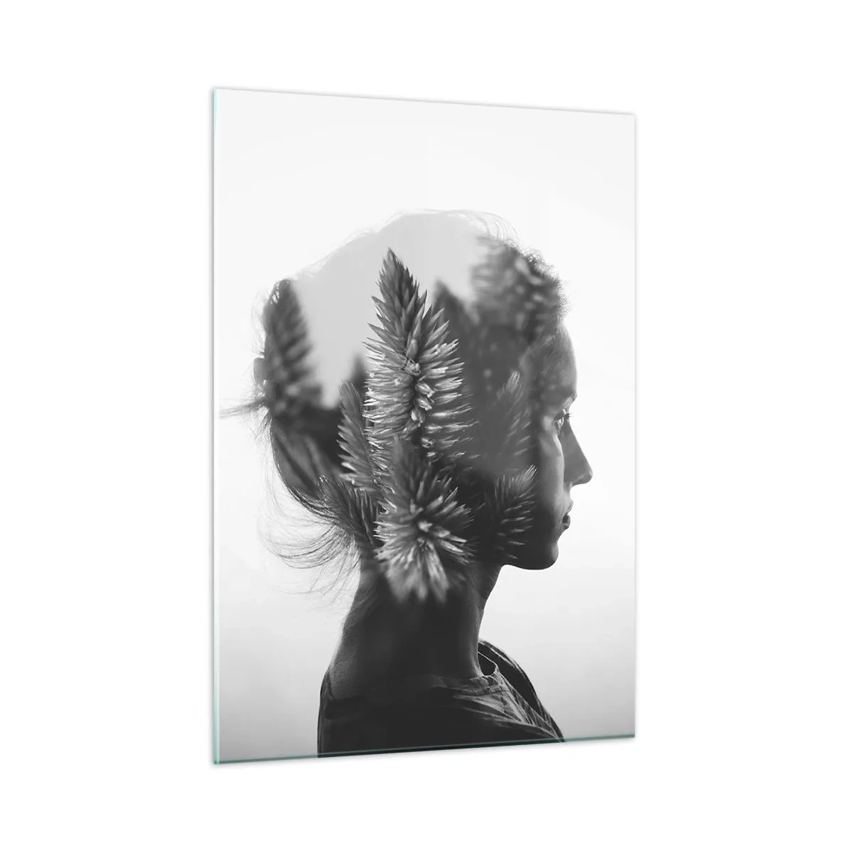 Glasbild - Bild auf glas - Eine Frau in Schwarz-Weiß mit einem darüber gelegten Nadelwaldmotiv - 50x70cm - Dame des Kiefernwaldes - Moderne Wanddekoration für Wohnzimmer und Schlafzimmer ARTTOR