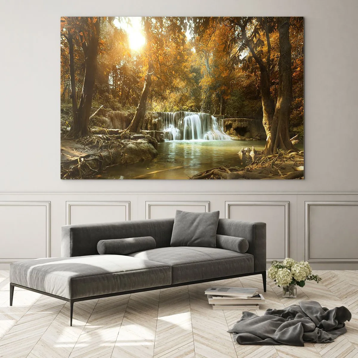 Glasbild - Bild auf glas - Ein Wasserfall in einem Park, umgeben von Bäumen in Herbstfarben - 120x80cm - Parkkaskade - Moderne Wanddekoration für Wohnzimmer und Schlafzimmer ARTTOR