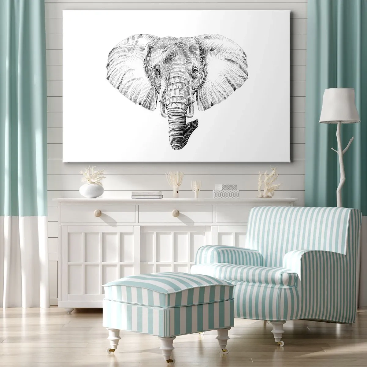 Bild auf Leinwand - Leinwandbild - Schwarz-weiße Zeichnung eines Elefantenkopfes auf weißem Hintergrund - 70x50cm - Da war ein Elefant, so groß wie - ein Elefant - Moderne Wanddekoration für Wohnzimmer und Schlafzimmer ARTTOR