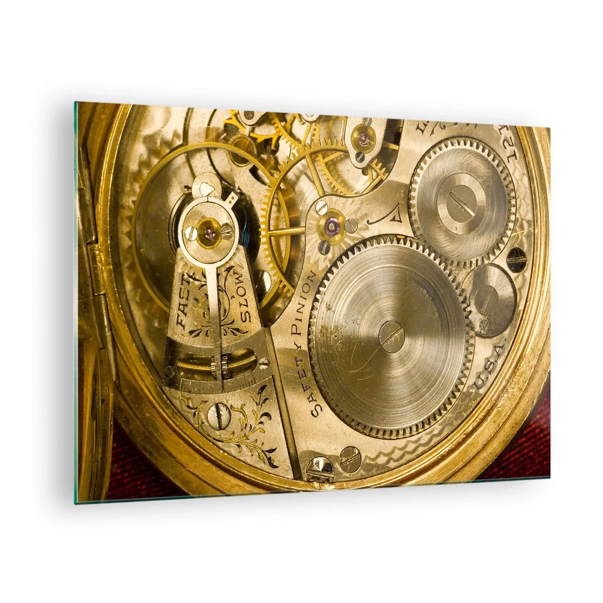 Glasbild - Bild auf glas - Uhrwerk in Gold-Finish - 70x50cm - Geh mit der Zeit - Moderne Wanddekoration für Wohnzimmer und Schlafzimmer ARTTOR