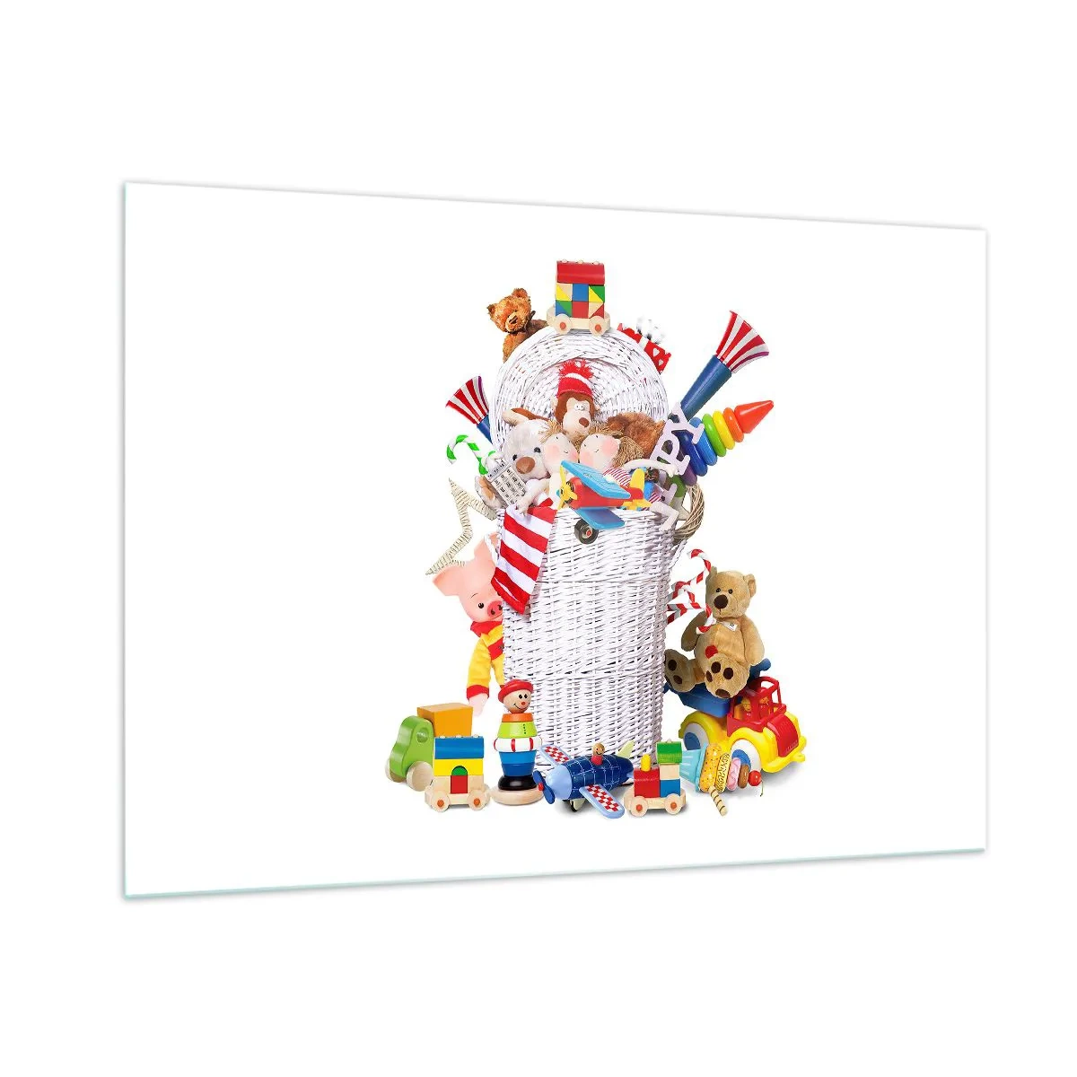 Glasbild - Bild auf glas - Ein Korb voller bunter Spielsachen auf weißem Hintergrund - 100x70cm - Schätze für Kleinkinder - Moderne Wanddekoration für Wohnzimmer und Schlafzimmer ARTTOR