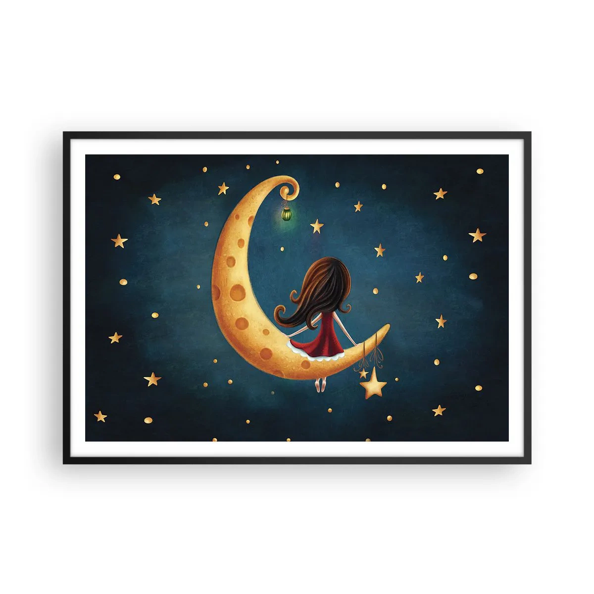 Poster in einem schwarzem Rahmen - Ein Mädchen auf dem Mond, umgeben von Sternen - 100x70cm - Einmal… - Moderne Wanddekoration für Wohnzimmer und Schlafzimmer ARTTOR