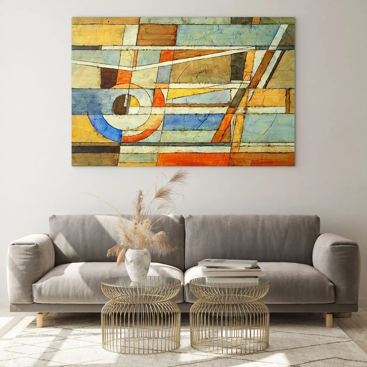 Glasbild - Bild auf glas - Eine abstrakte Komposition mit geometrischen Mustern und warmen Farben. - 70x50cm - Kubismus auf der Baustelle - Moderne Wanddekoration für Wohnzimmer und Schlafzimmer ARTTOR