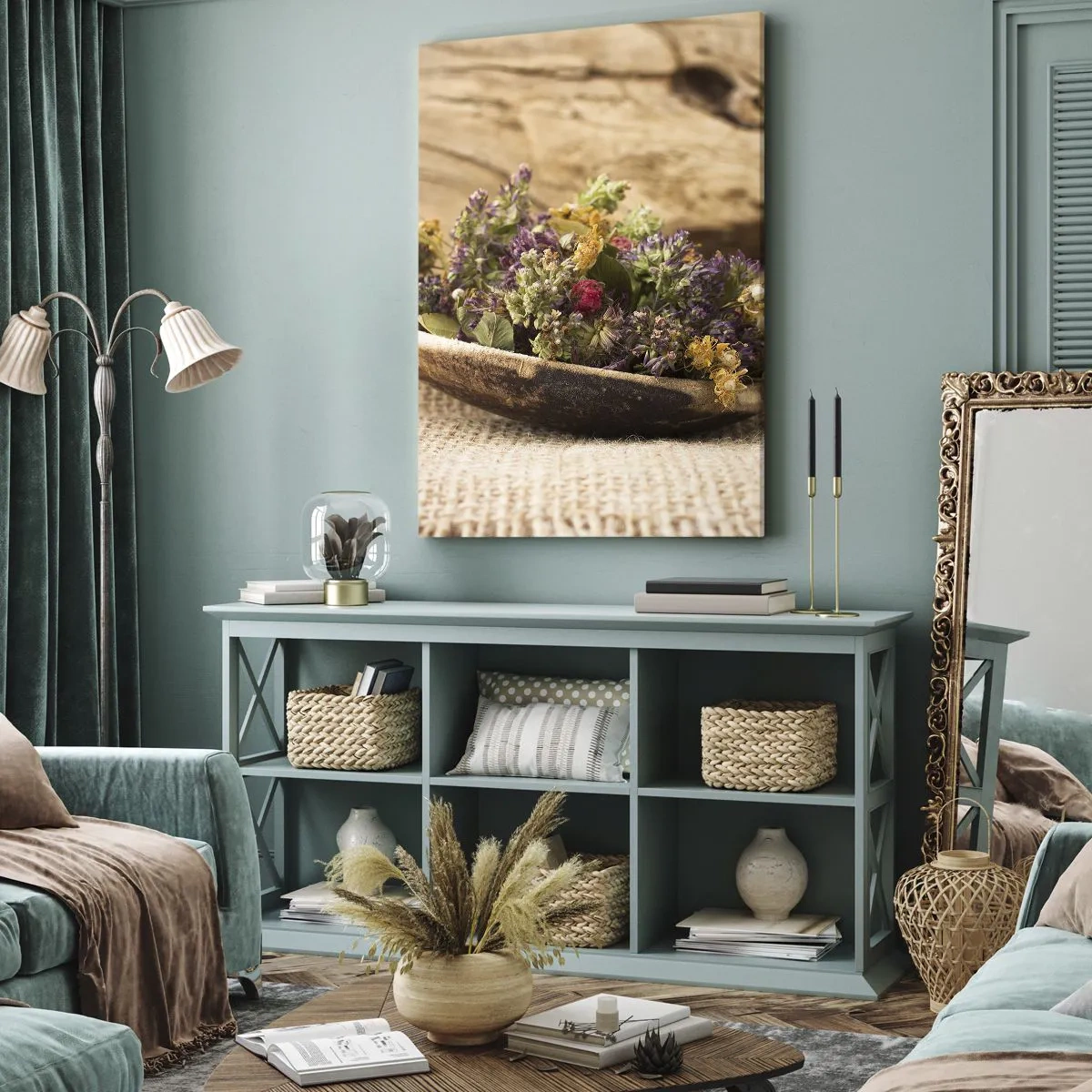 Bild auf Leinwand - Leinwandbild - Bunte Blumen und duftende Kräuter - 45x80 cm