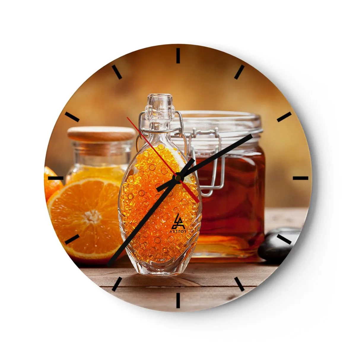 Wanduhr - Glasuhr - Eine Flasche Honig mit Orangen im Hintergrund auf einem Holztisch - 30x30cm - Sonnige Aromen und Düfte - Moderne Wanddekoration für Wohnzimmer, Küche und Schlafzimmer ARTTOR
