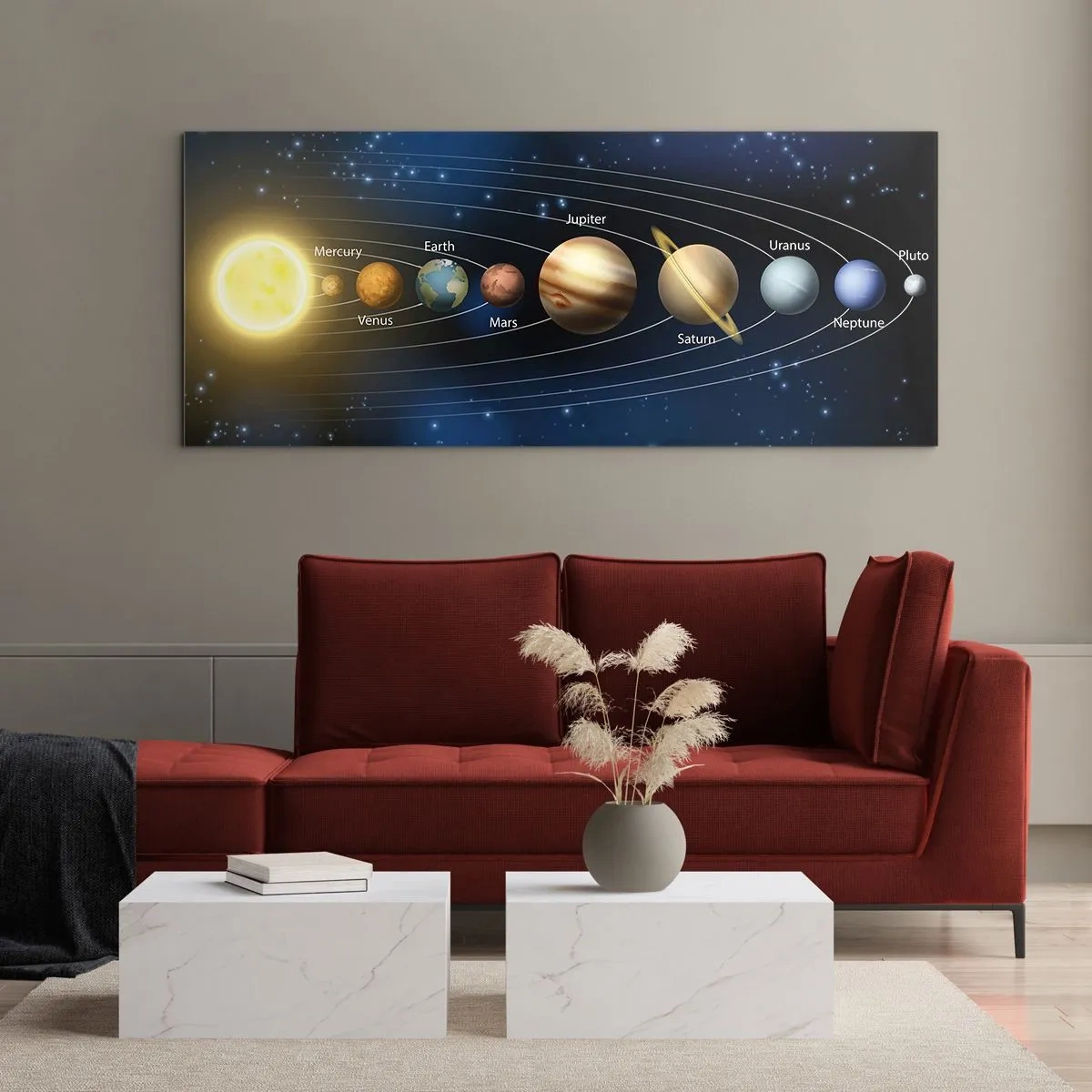 Glasbild - Bild auf glas - Diagramm des Sonnensystems mit Planeten und Sonne - 120x50cm - Einer von zehn - Moderne Wanddekoration für Wohnzimmer und Schlafzimmer ARTTOR