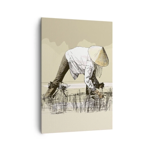 Bild auf Leinwand - Leinwandbild - Bauern bei der Arbeit auf einem Reisfeld mit traditioneller Kopfbedeckung - 70x100cm - Erfolgreiche Ernte - Moderne Wanddekoration für Wohnzimmer und Schlafzimmer ARTTOR