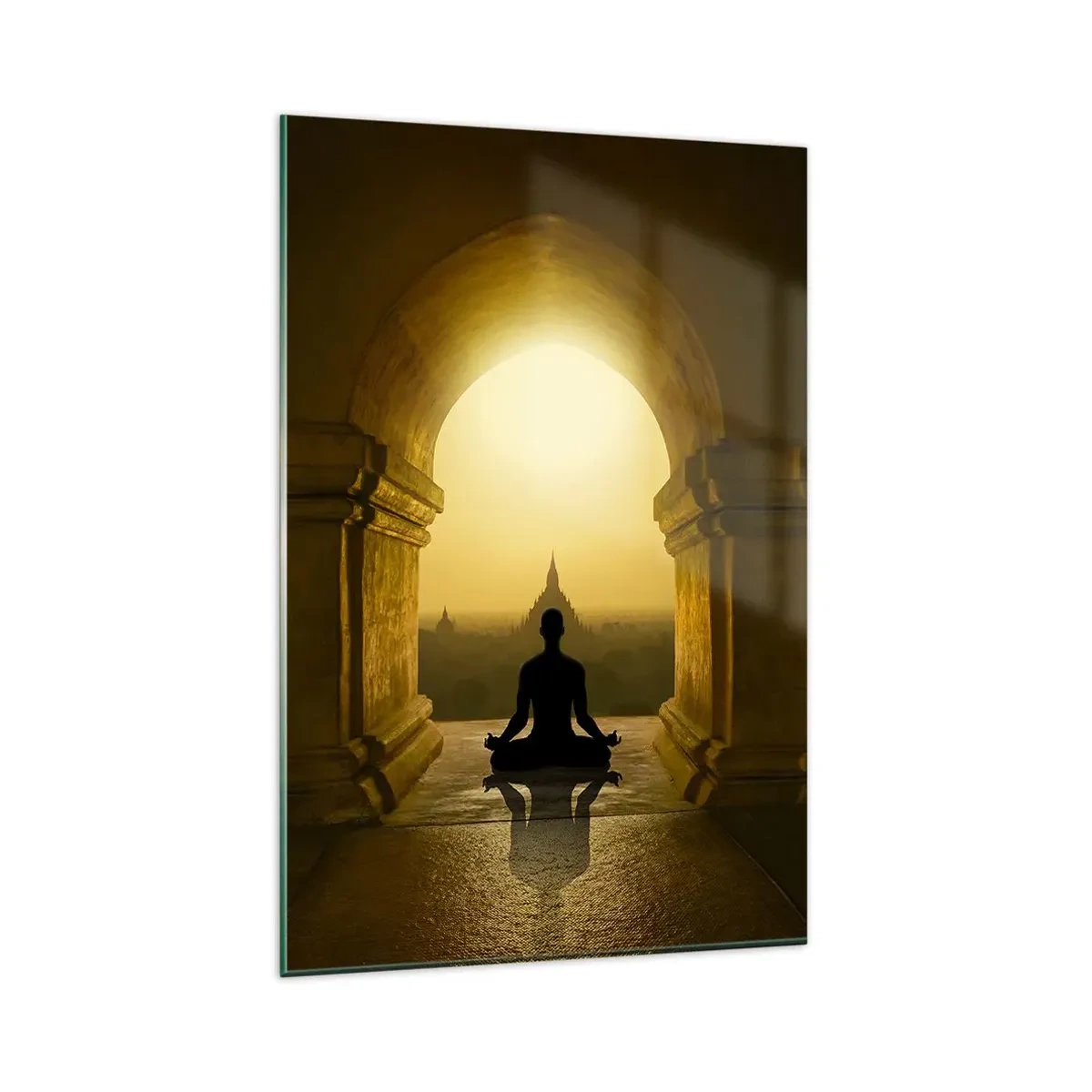 Glasbild - Bild auf glas - Silhouette einer meditierenden Person im Licht der untergehenden Sonne - 80x120cm - Vollkommene Harmonie - Moderne Wanddekoration für Wohnzimmer und Schlafzimmer ARTTOR