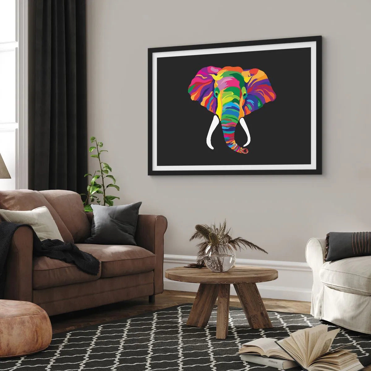 Poster in einem schwarzem Rahmen - Ein buntes Bild eines Elefanten auf schwarzem Hintergrund - 70x50cm - Der Elefant, der es liebte, im Regenbogen zu baden - Moderne Wanddekoration für Wohnzimmer und Schlafzimmer ARTTOR