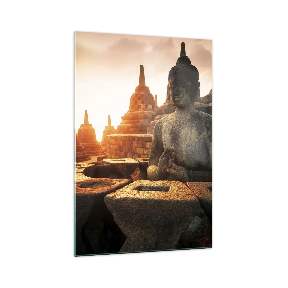 Glasbild - Bild auf glas - Buddha-Statue im Borobudur-Tempel bei Sonnenuntergang - 70x100cm - Wetter der großen Weisheit - Moderne Wanddekoration für Wohnzimmer und Schlafzimmer ARTTOR