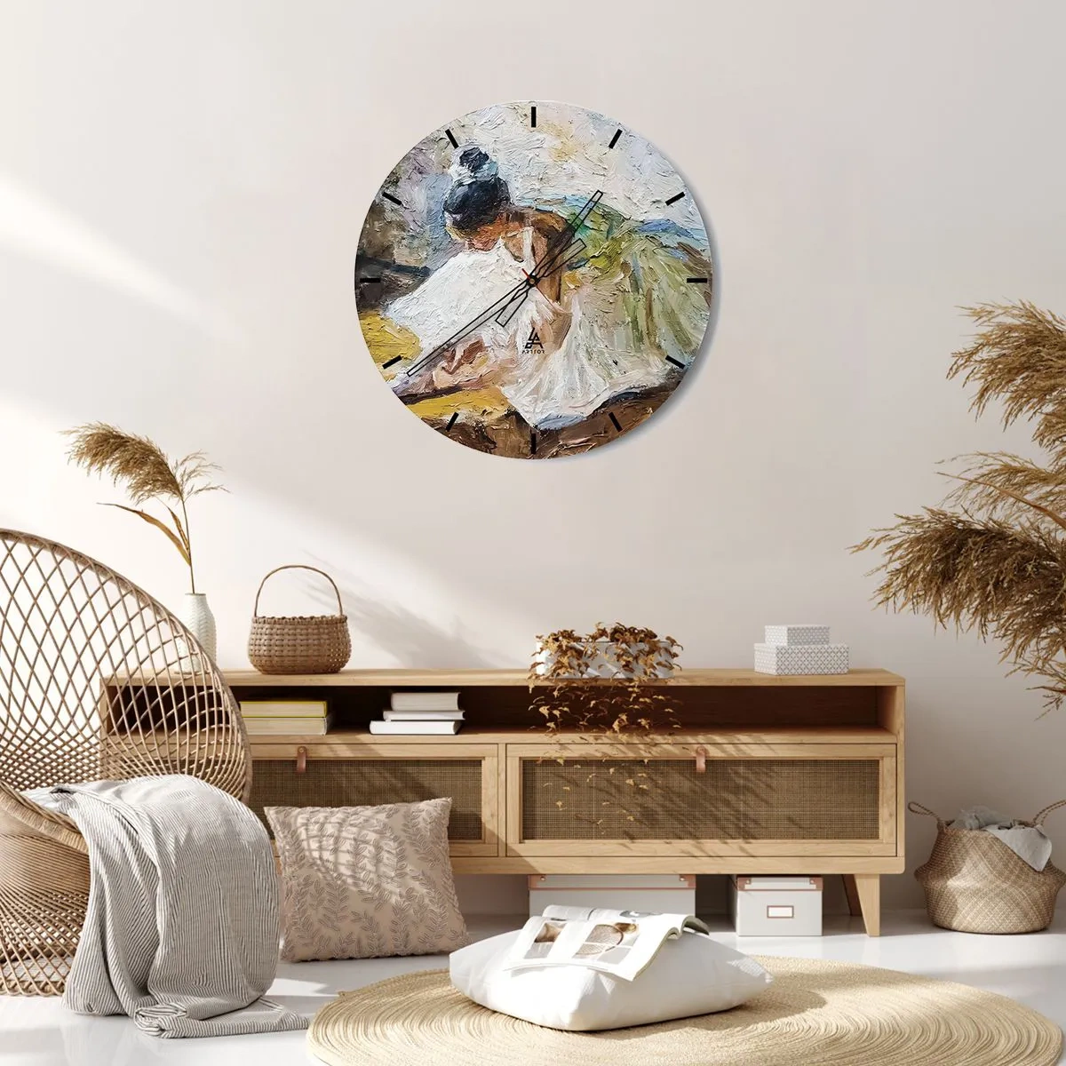 Wanduhr - Glasuhr - Eine Balletttänzerin in einem weißen Kleid, dargestellt im impressionistischen Stil. - 30x30cm - Aus einem Gemälde von Degas - Moderne Wanddekoration für Wohnzimmer, Küche und Schlafzimmer ARTTOR