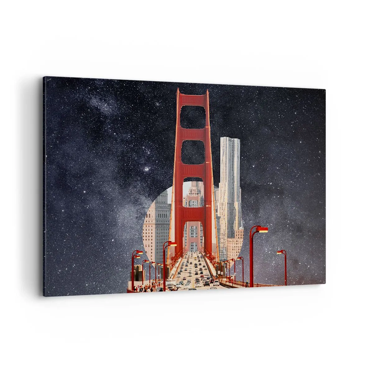 Bild auf Leinwand - Leinwandbild - Die Golden Gate Bridge mit der Stadt im Hintergrund vor einem Sternenhimmel - 100x70cm - Immer im Mittelpunkt - Moderne Wanddekoration für Wohnzimmer und Schlafzimmer ARTTOR