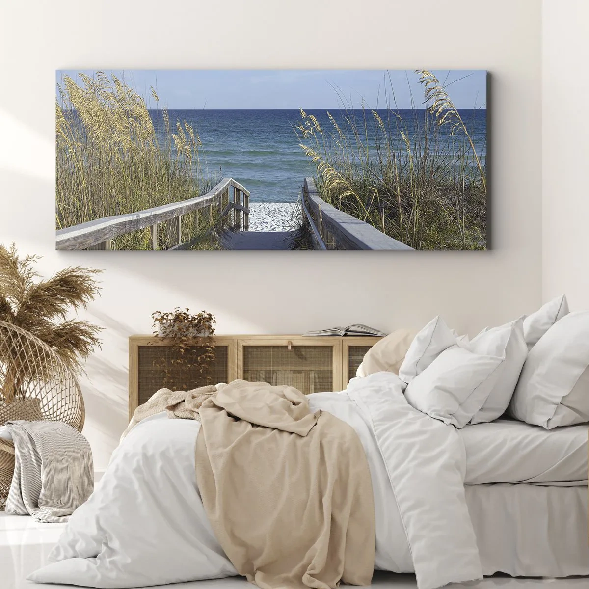 Bild auf Leinwand - Leinwandbild - Weg zum Strand mit Meerblick - 140x50cm - In der Sonne, im Wind - Moderne Wanddekoration für Wohnzimmer und Schlafzimmer ARTTOR