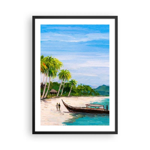Poster in einem schwarzem Rahmen - Tropischer Strand mit Palmen und einem Boot am Ufer - 50x70cm - Exotischer Traum - Moderne Wanddekoration für Wohnzimmer und Schlafzimmer ARTTOR