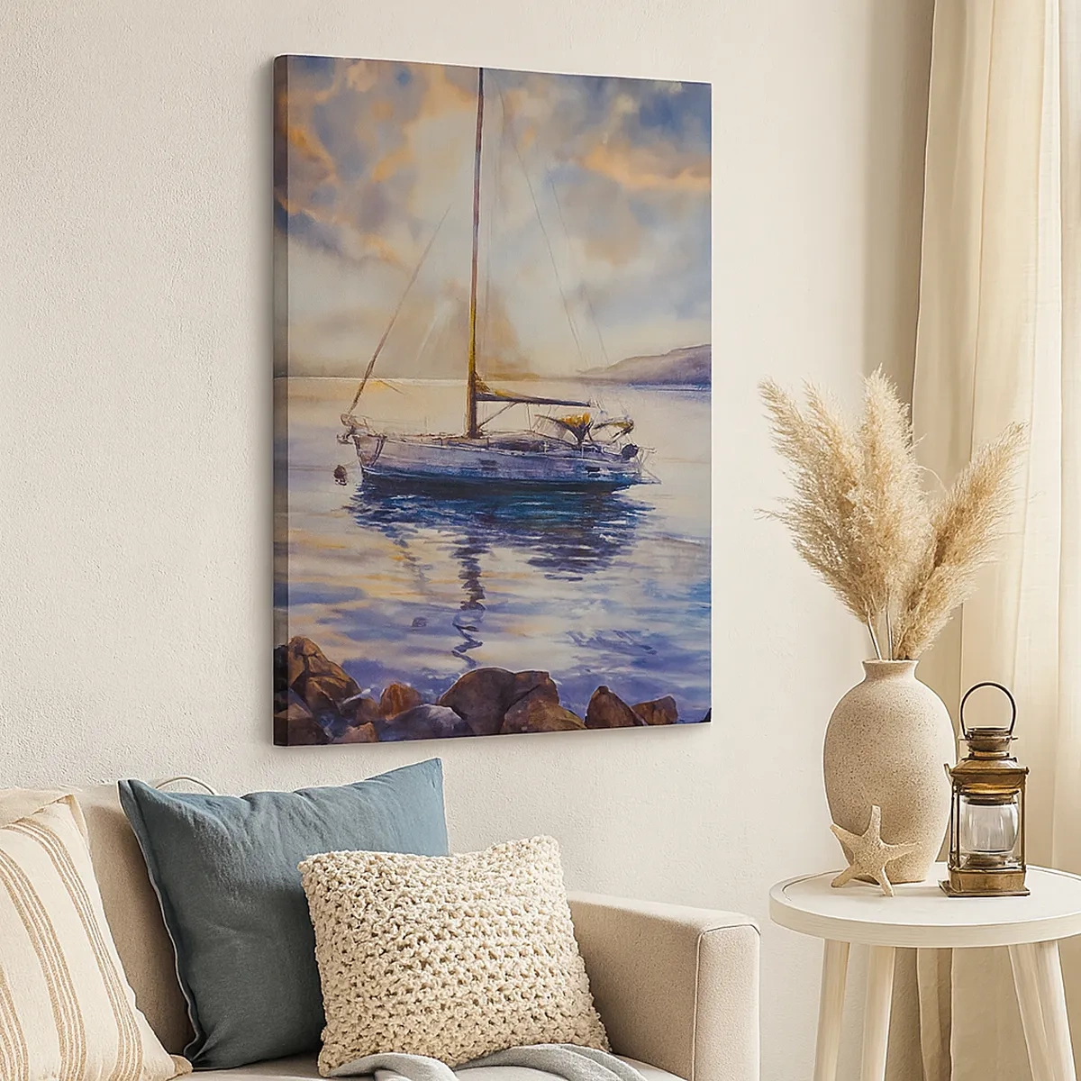 Bild auf Leinwand - Leinwandbild - Eine Yacht auf ruhigem Meer bei Sonnenuntergang - 50x70cm - Abend in der Bucht - Moderne Wanddekoration für Wohnzimmer und Schlafzimmer ARTTOR